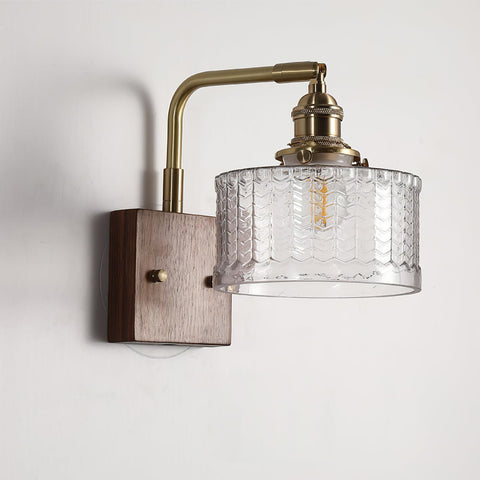 Vintage Wood and Glass Wall Light with Textured Glass Shade