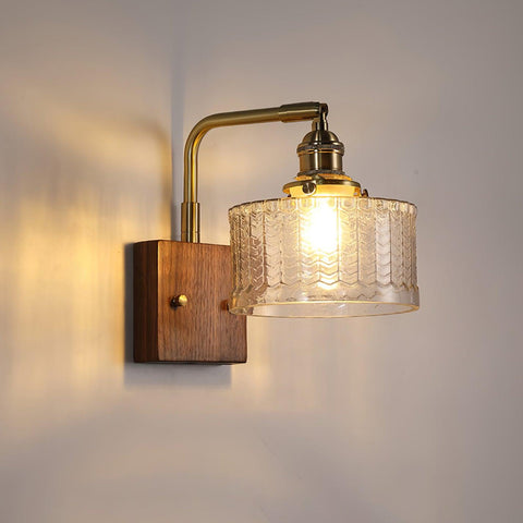 Vintage Wood and Glass Wall Light with Textured Glass Shade