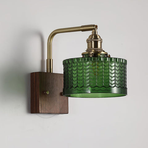 Vintage Wood and Glass Wall Light with Textured Glass Shade