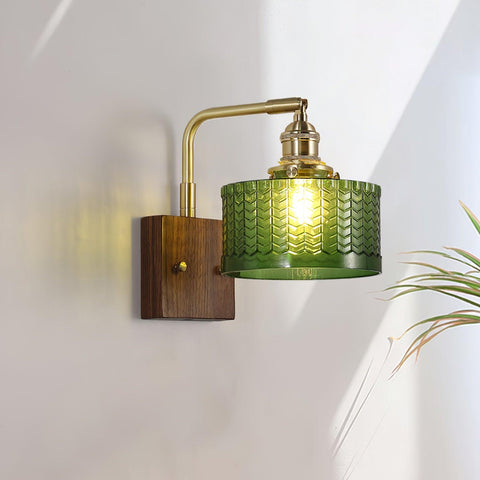 Vintage Wood and Glass Wall Light with Textured Glass Shade
