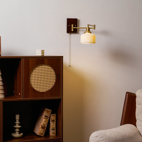Ceramic Geometry Wall Lamp with Walnut and Brass Accents