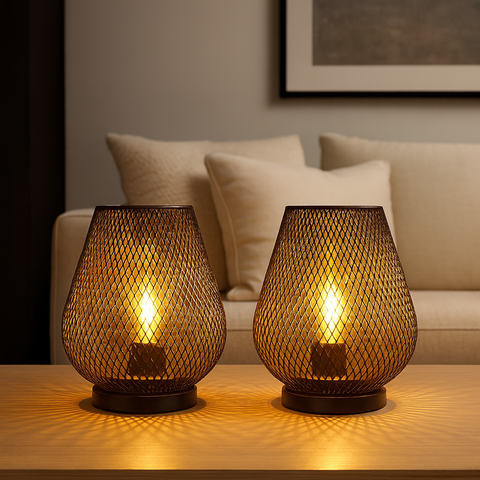 Cordless Metal LED Table Lamp with Decorative Mesh Shade for Ambient Lighting