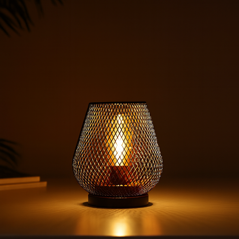 Cordless Metal LED Table Lamp with Decorative Mesh Shade for Ambient Lighting