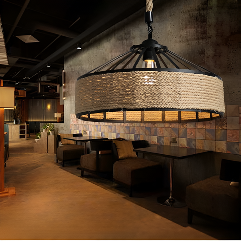 Pendant Light with Hemp Rope and Iron Shade