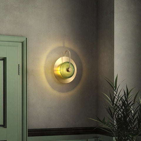 LED Wall Light with Engraved Glass Disc and Decorative Metal Frame