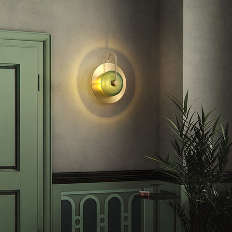 LED Wall Light with Engraved Glass Disc and Decorative Metal Frame