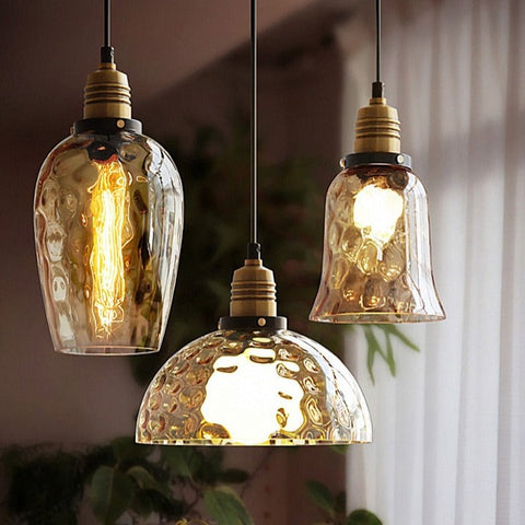 Pendant Light with Hammered Glass Shade and Adjustable Hanging Cord
