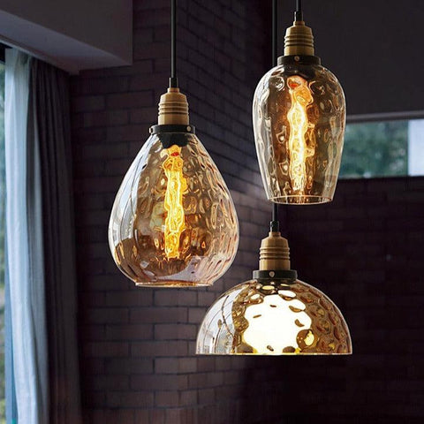 Pendant Light with Hammered Glass Shade and Adjustable Hanging Cord