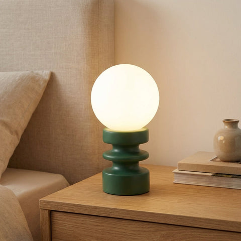 Compact Globe Table Lamp with Frosted Glass Shade, Sculpted Wood Base and E27 Socket