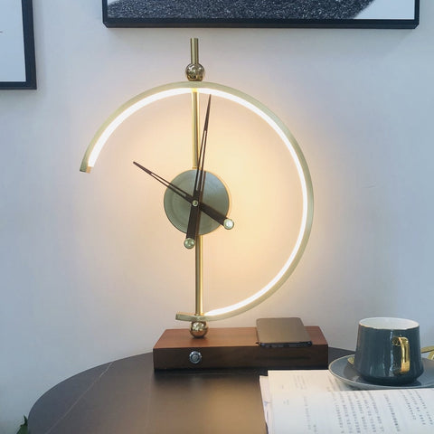 Modern LED Table Lamp with Decorative Clock, Wireless Phone Charging and Wooden Base