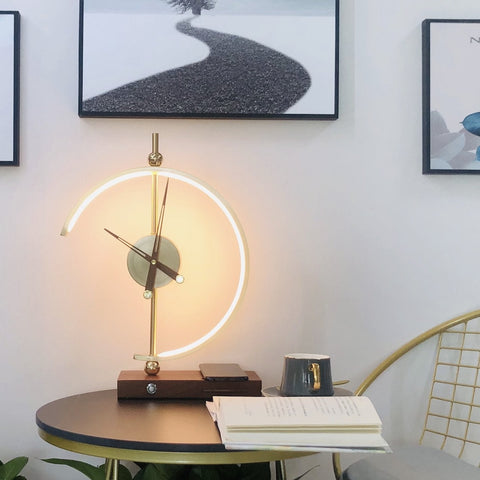 Modern LED Table Lamp with Decorative Clock, Wireless Phone Charging and Wooden Base