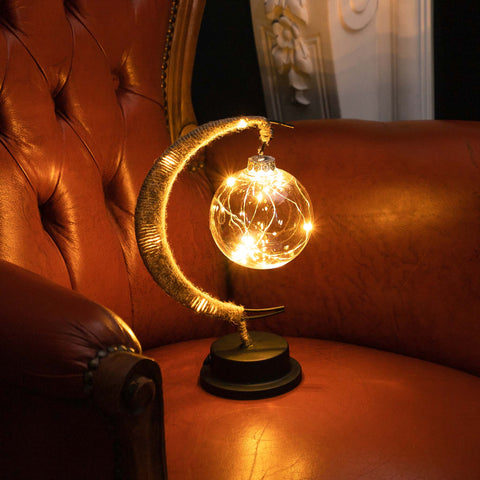 Crescent Rope-Wrapped Table Lamp with Clear Globe Shade and Battery-Powered LED Lighting