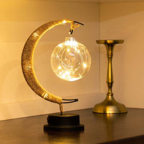 Crescent Rope-Wrapped Table Lamp with Clear Globe Shade and Battery-Powered LED Lighting