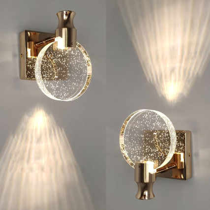 Round Glass Wall Sconce with Decorative Crystal Effect and Metallic Mount