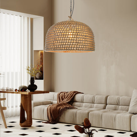 Pendant Light with Handwoven Rattan and Japandi Dome Shade