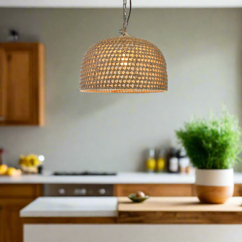 Pendant Light with Handwoven Rattan and Japandi Dome Shade