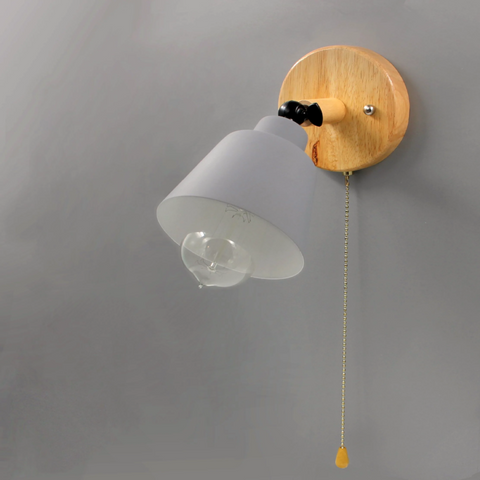 Wall Sconce with Wood Backplate, Cone Shade and Pull Chain Switch