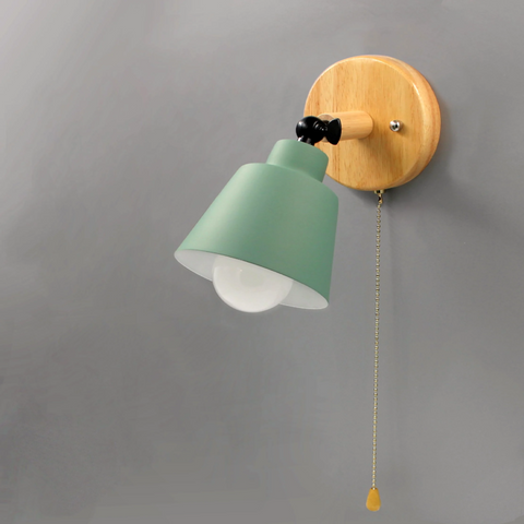 Wall Sconce with Wood Backplate, Cone Shade and Pull Chain Switch