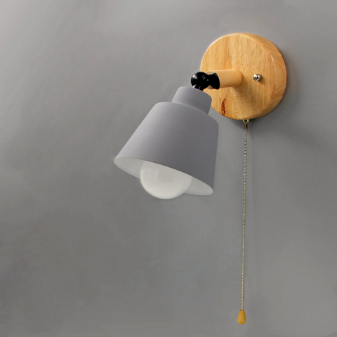 Wall Sconce with Wood Backplate, Cone Shade and Pull Chain Switch