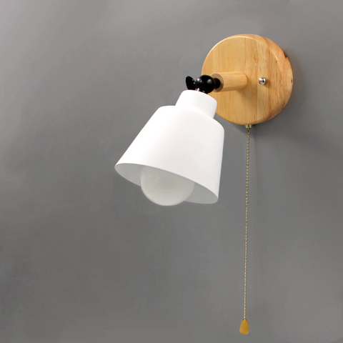 Wall Sconce with Wood Backplate, Cone Shade and Pull Chain Switch