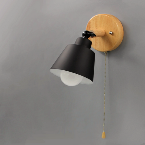 Wall Sconce with Wood Backplate, Cone Shade and Pull Chain Switch