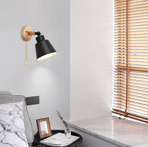 Wall Sconce with Wood Backplate, Cone Shade and Pull Chain Switch