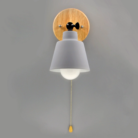 Wall Sconce with Wood Backplate, Cone Shade and Pull Chain Switch