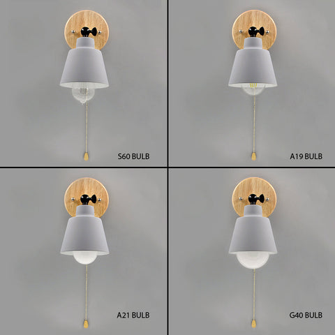 Wall Sconce with Wood Backplate, Cone Shade and Pull Chain Switch
