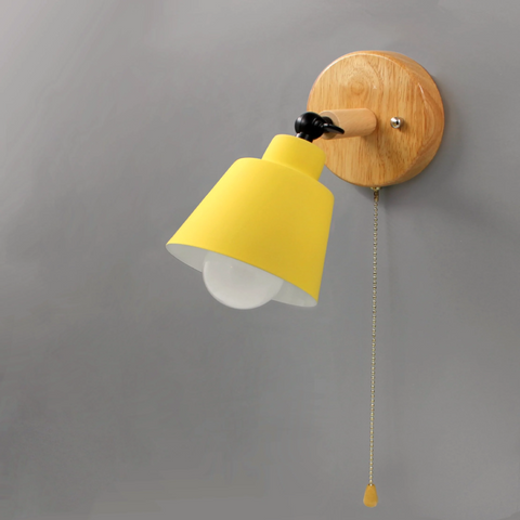 Wall Sconce with Wood Backplate, Cone Shade and Pull Chain Switch