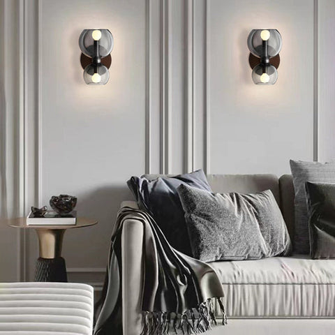 Modern Double LED Wall Light with Dual Glass Shades and Decorative Metal Base