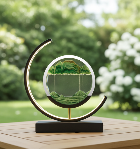 Modern LED Sand Art Table Lamp with Circular Light Frame and Decorative Landscape Design