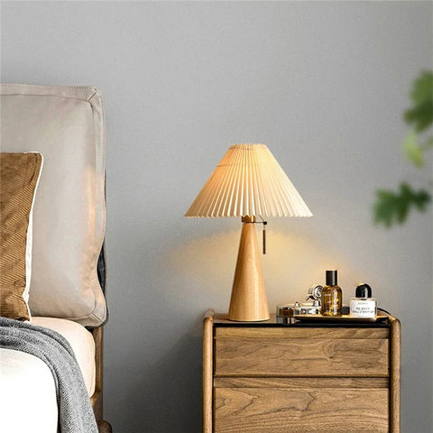 Table Lamp with Pleated Shade and Wood Base