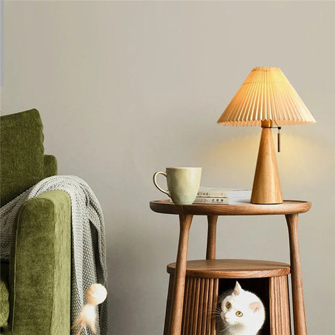 Table Lamp with Pleated Shade and Wood Base
