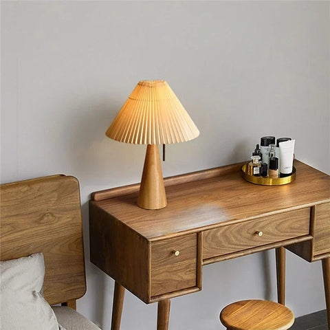 Table Lamp with Pleated Shade and Wood Base
