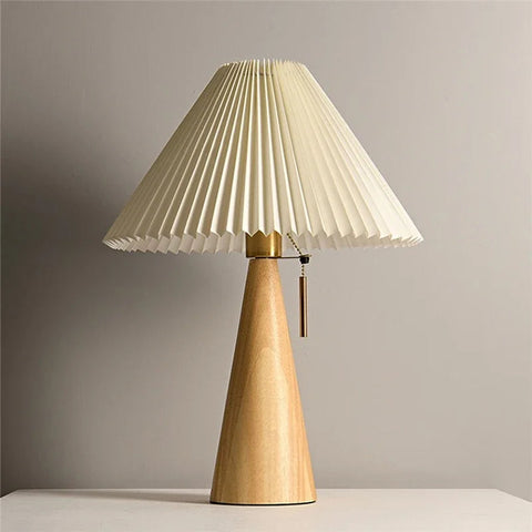 Table Lamp with Pleated Shade and Wood Base