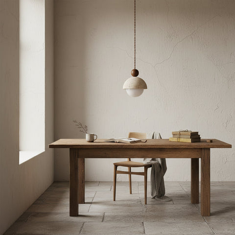 Pendant Light with Travertine, Wood, and Glass