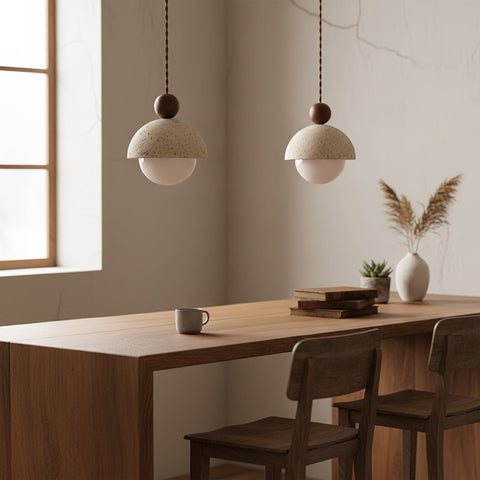 Pendant Light with Travertine, Wood, and Glass