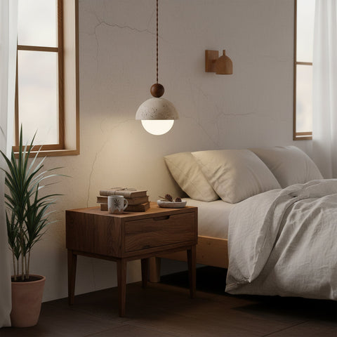 Pendant Light with Travertine, Wood, and Glass