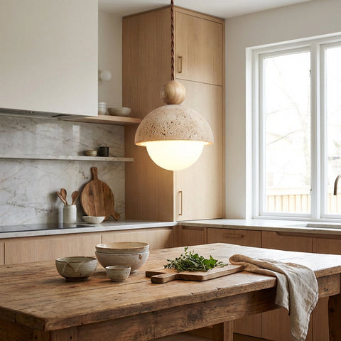 Pendant Light with Travertine, Wood, and Glass