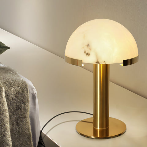 Table Lamp with Alabaster Shade and Bronze Mushroom Base