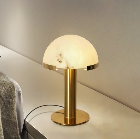Table Lamp with Alabaster Shade and Bronze Mushroom Base
