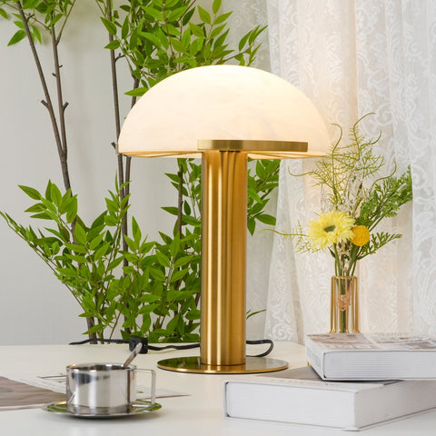 Table Lamp with Alabaster Shade and Bronze Mushroom Base