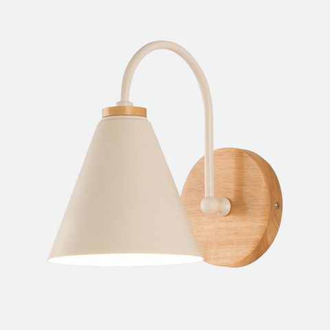Wall Lamp with Curved Metal Arm, Cone Shade and Natural Wood Base