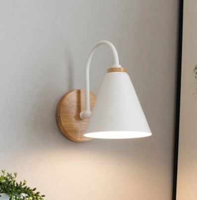 Wall Lamp with Curved Metal Arm, Cone Shade and Natural Wood Base