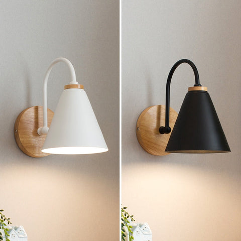 Wall Lamp with Curved Metal Arm, Cone Shade and Natural Wood Base