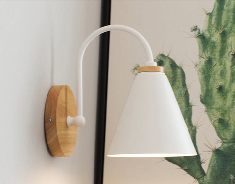 Wall Lamp with Curved Metal Arm, Cone Shade and Natural Wood Base