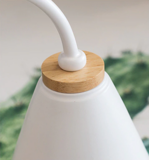 Wall Lamp with Curved Metal Arm, Cone Shade and Natural Wood Base