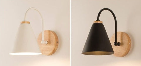 Wall Lamp with Curved Metal Arm, Cone Shade and Natural Wood Base