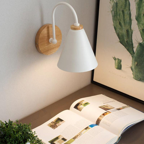Wall Lamp with Curved Metal Arm, Cone Shade and Natural Wood Base