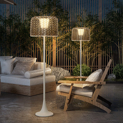 Floor Lamp with Woven Rattan Shade and Solar Outdoor Lighting
